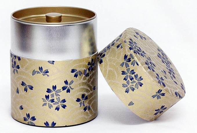 Washi Paper Tea Tin Canister: Wide 7oz (200g) Blue and Gold cherry blossoms (#106), Japan