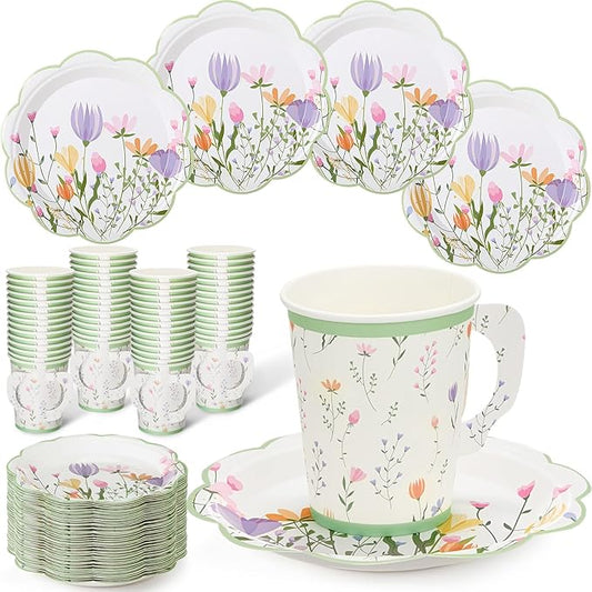 100 Sets Wildflower Floral Paper Tea Cups and Saucers Disposable Paper Tea Party Supplies 9 oz Cups with Handle and Saucer for Birthday Wedding Party Decorations
