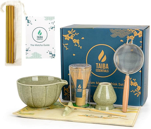 12-Piece Matcha Whisk Set - Complete Matcha Kit Including Matcha Bowl with Spout, Bamboo Whisk, Bamboo Straws, Scoop with Holder, Sifter with Wooden Handle & More - Premium Matcha Gift Set
