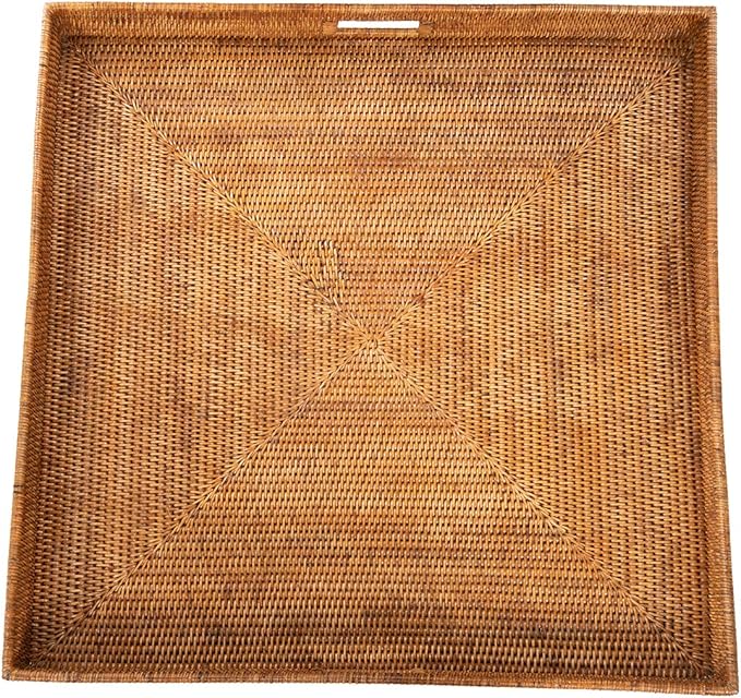 KOUBOO La Jolla Rattan Tray, Square Woven Tray - Decorative Coffee Table, Breakfast Tray, Home Decor, Serving & Basket Style, Extra Large, Honey-Brown