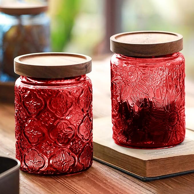 Glass Jar with Lid, Vintage Glass Storage Jars with Airtight Lid Coffee Canister Sugar Container for Kitchen Counter Pantry, Spice, Candy, Coffee Beans, Tea, Cookie (24 FL OZ Red Sunflower)