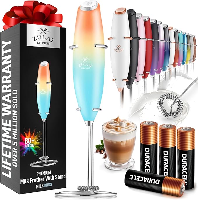 Zulay Kitchen Powerful Milk Frother Wand With 4 AA Duracell Batteries - Ultra Fast Handheld Drink Mixer - Electric Whisk Foam Maker for Coffee, Lattes, Cappuccino, Matcha & Creamer