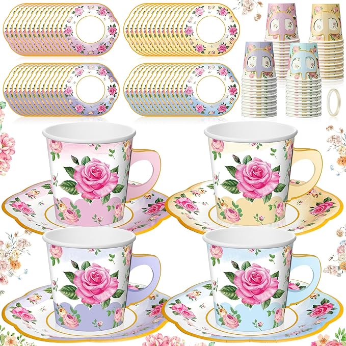 60 Sets Tea Party Decorations 6.5 oz Floral Paper Tea Cups with Handle and Plates Disposable Blossom Teacups and Saucers Sets for Girls Kids Birthday Garden Wedding Party Supplies(Gradient Color)