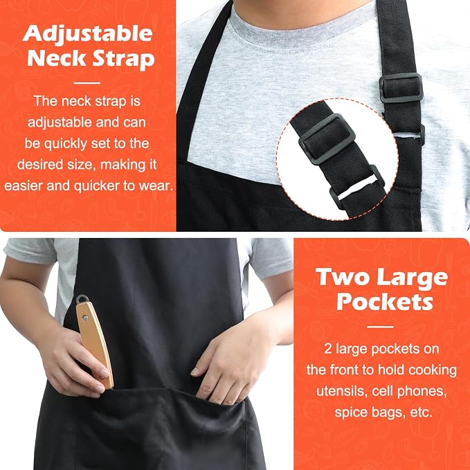Bib Apron,Unisex Black Aprons Adjustable Washable,with 2 Pockets for Kitchen Crafting BBQ Drawing - Image 4