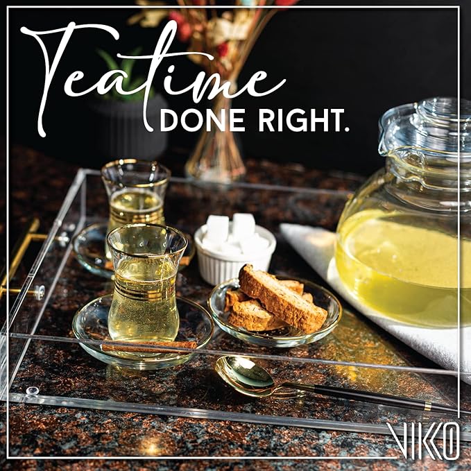 Vikko Turkish Tea Glasses & Saucers, 4 Oz Authentic Turkish Tea Cups,Set of 6 Clear Glass Tea Cups And Saucers, Gold Accented Turkish Tea Cup Set, 6 Cups and 6 Plates