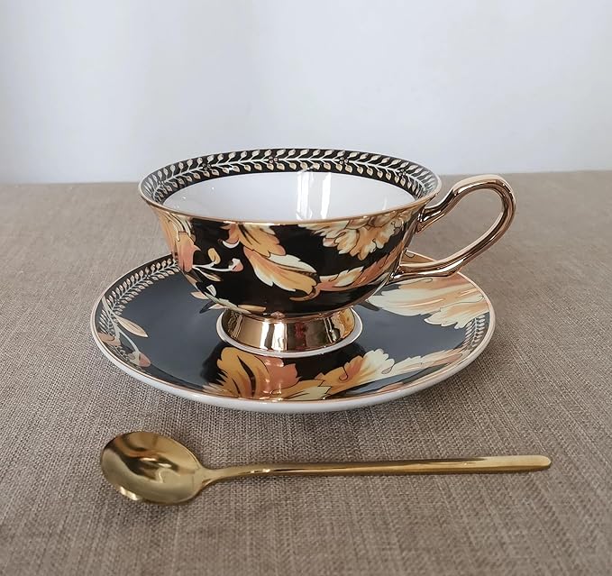 Cup& Saucer Set Bone China Tea Coffee Cup for Breakfast Afternoon Tea- Phoenix Feather (Black)