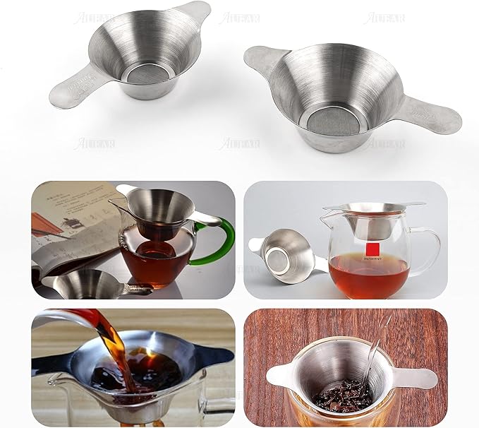 AUEAR, 2 Pack Different Size Stainless Steel Mini Strainer Fine Mesh Tea Funnel Coffee Filter with Double Handles