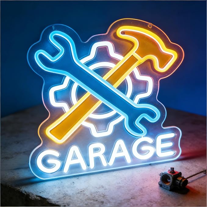 Garage LED Neon Sign, Wrench Hammer Gear Motif Accent USB Powered Decorative Neon Light for Garage Auto Shop Workshop Man Cave Wall Table Automotive Theme Decor 13.8 x 13.8 In by Brighten%E2%80%98Neonawall%E2%80%99NeonSign