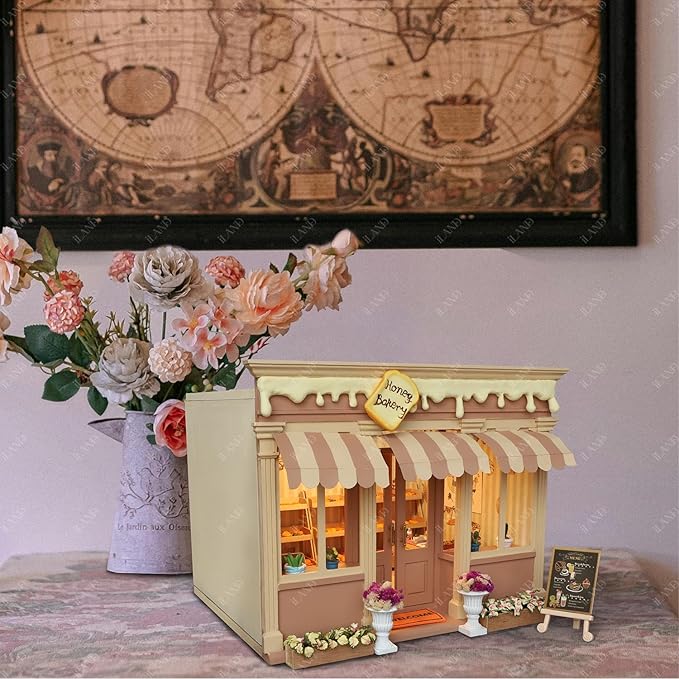 iLAND Wooden Dolllhouse Room Box on 1/12 Scale, Wood Houses for Crafts to Make a Miniature Coffee Shop, Magic House, Store Classic & Creative