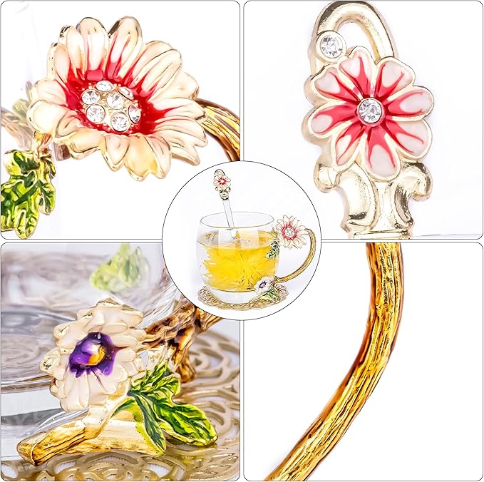 Flower Tea Cup,Butterfly Daisy Glass Fancy Coffee Mug with Spoon,Gift Box for Her Mom Wife Grandma Girls Friends Valentines Christmas Birthday Present Idea for Juice,Hot/Cold Drinks Use (purple-A)