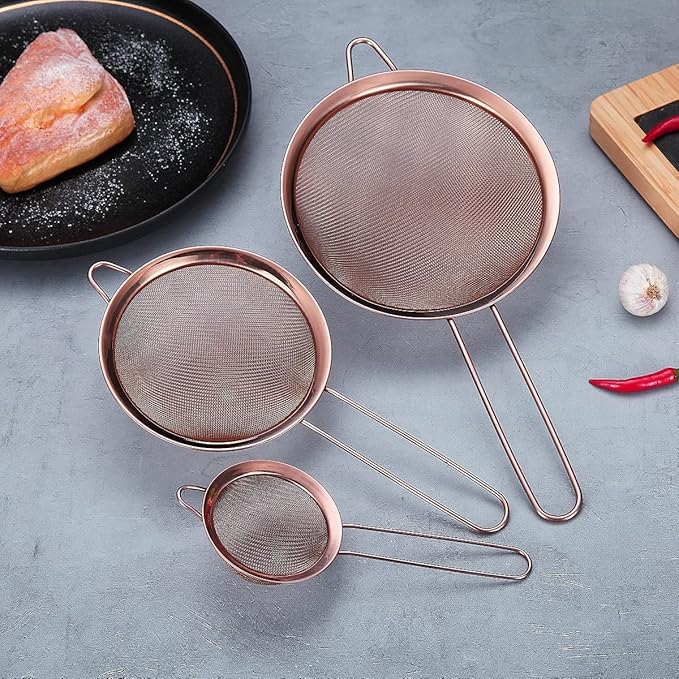 Copper Fine Mesh Strainer 3 Pieces Set, Rose Gold Flour Sifter For Baking, Stainless Steel Clander, Copper Matcha Tea Strainer, Gravy Separator, Stasher Sieve Pasta Strainers