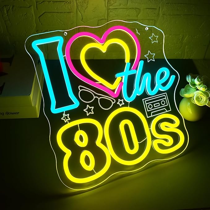 I Love The 80's Neon Sign for Wall Decor Dimmable 80's Theme LED Neon Light for Party Decor Vintage Radio Music Background for Bar Party Disco Birthday Music Studio Heart Signs Size 13.3*13in(GLNP235)