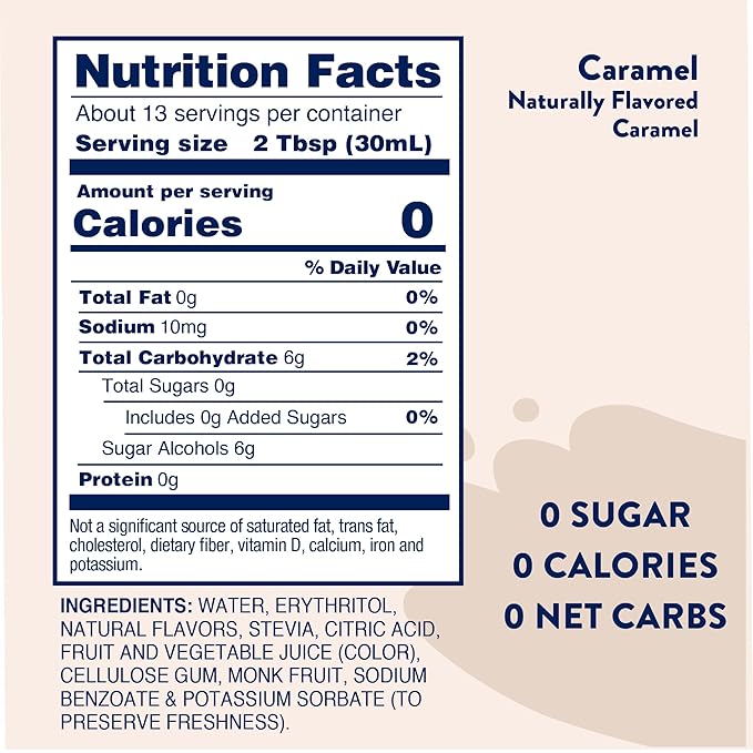 Jordan's Skinny Mixes Sugar Free Coffee Syrup, Caramel Coffee Flavoring Syrup, Naturally Sweetened Zero Calorie Drink Mix, Lattes, Baking, Protein Shake or Cocktail, Dairy & Gluten Free, 12.7 Fl Oz