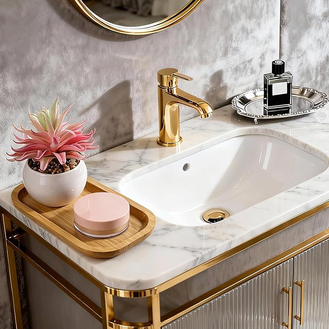 Bamboo Bathroom Tray, 7.9 x 5.1 x 0.8 Inch Wooden Vanity Tray Bathroom Counter Tray for Home Toilet Tank Perfume Cotton Swabs Cosmetic Lotion Organizing