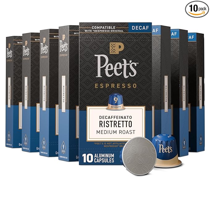 Peet's Coffee, Medium Roast Decaf Espresso Capsules, Compatible with Nespresso Original Machine, Decaffeinated Arabica Coffee - Decaf Ristretto Intensity 10, 100 CT (10 Boxes of 10 Espresso Capsules)