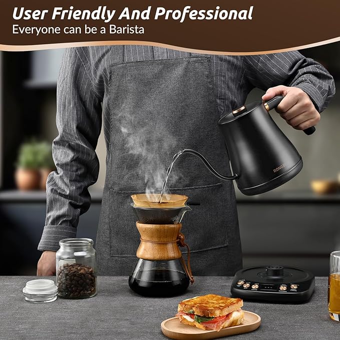 Electric Gooseneck Kettle 1L 1200W, 6 Temperature Presets, Quick Heating Pour Over Kettles for Coffee & Tea with Auto Shut-off, Stainless Steel Inner & Lid, Matte Black