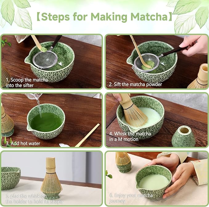 7 Pcs Matcha Whisk Set, Ceremony Matcha Kit with Matcha Bowl, Bamboo Whisk and Holder, Scoop and Scoop Rest, Sifter and Tea Towel, Gift for Matcha Lovers (Mottled Green/Bamboo Leaf-Patterned)