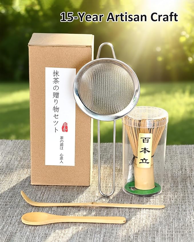 Matcha Whisk Set, 4 Piece Matcha Making Kit Includes Bamboo Whisk (Chasen), Spoon (Chashaku), Stainless Steel Sifter, Teaspoon, Traditional Handmade Matcha Starter Kit 100% Natural Bamboo