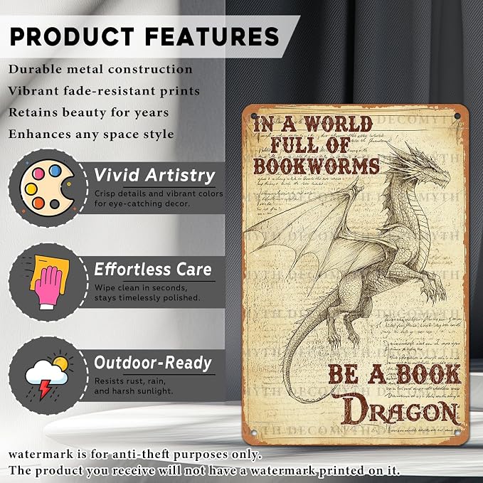 Retro Dragon Tin Sign In a World Full of Bookworms be a Book Dragon Vintage Metal Poster Funny Bath Wall Art Toilet Man Cave Bar Cafe Indoor Room Garage 12 * 8inch - Image 2