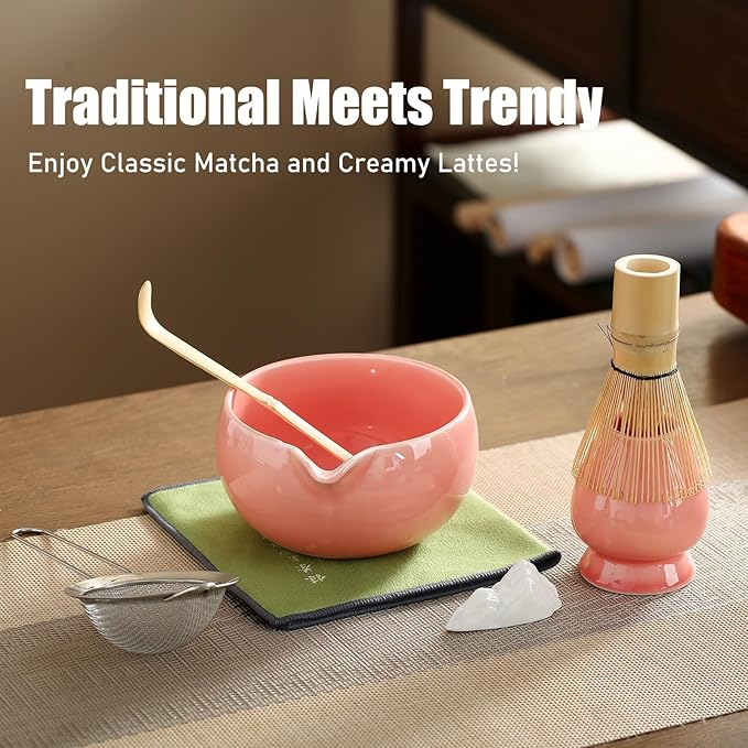 Matcha Whisk Set, Ceramic Matcha Bowl with Spout, Bamboo Whisk, Scoop, Sifter, Holder, Tea Towel, 7-Piece Matcha Kit Set for Making Breakfast/Latte, Round Pink, Large