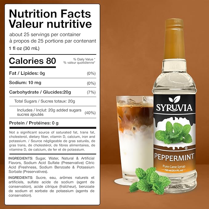 Syruvia Peppermint Syrup for Coffee, Flavored Syrup for Drinks, Lattes, and Desserts – 25.4 fl oz, With Pump