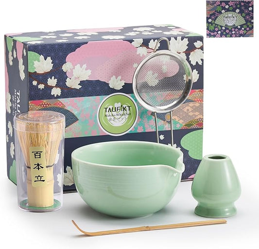 Matcha Whisk Set 5 Pcs, Matcha Kit Set Includes Matcha Bowl, Matcha Whisk and Holder, Bamboo Scoop and Sifter, Ceramic Matcha Set, Matcha Tea Set, Ideal Gift for Family/Friend (Cyan)