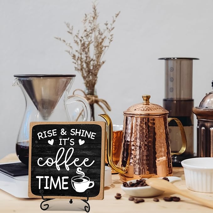 Farmhouse Coffee Bar Sign, Rise & Shine It's Coffee Time, 5"x5" Wood Plaque with Stand Gift for Home Kitchen Tabletop Decor -B09