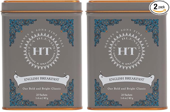Harney & Sons English Breakfast Tea, Caffeinated, 20ct sachet tin, HT Tea Blends (Pack of 2)
