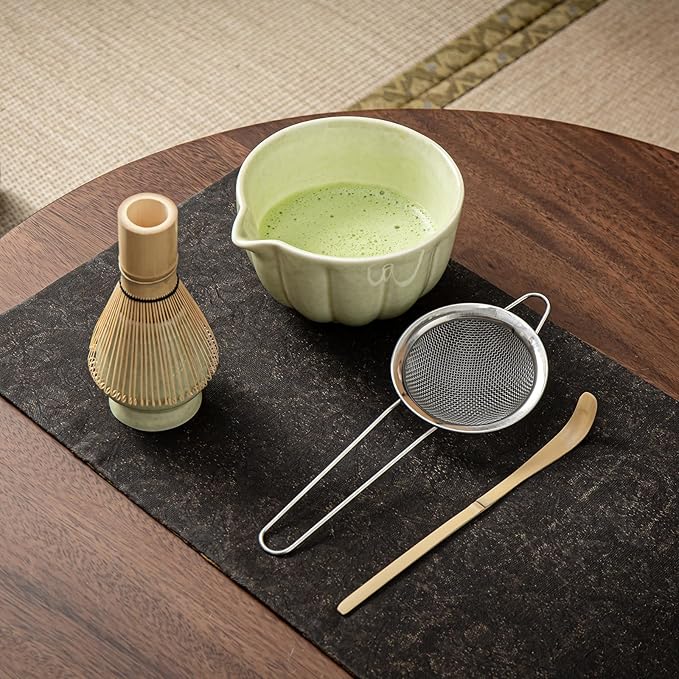 Matcha Whisk Set, Matcha Set Includes Ceramic Matcha Bowl, Bamboo Whisk, Scoop, Chasen Holder, Sifter, 5 Pcs Perfect Matcha Kit for Matcha Lover (Mottled Green)