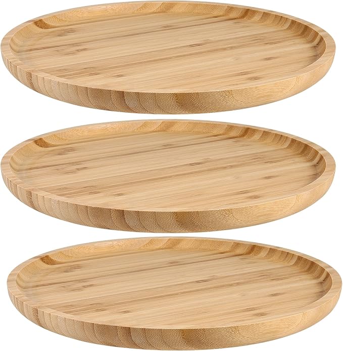 JOIKIT 3 Pack 10 Inch Bamboo Round Platter, Fine Polished Round Wood Plates Bamboo Serving Tray for Holding Fruit, Bread, Cheese, Nut, Coffee, Tea, Plant Saucer