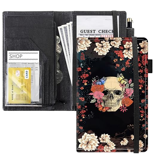 Server Books for Waitress, 5x9 Inch Waitstaff Server Order Pads, 11 Large Pockets, Cute PU Leather Waitress Book Server Wallet with Elastic Band Fit Server Apron,Flower Skull Roses Butterfly by Unknown