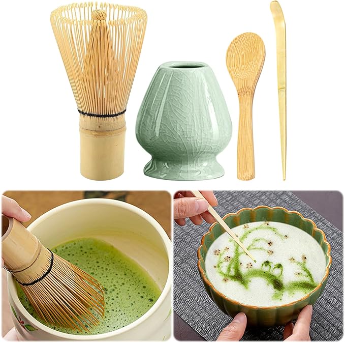Traditional Japanese Matcha Tea Whisk Set, 4 Piece Bamboo Ceremonial Kit with Ceramic Holder (Geyao Green)
