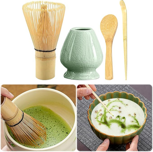 Traditional Japanese Matcha Tea Whisk Set, 4 Piece Bamboo Ceremonial Kit with Ceramic Holder (Geyao Green)