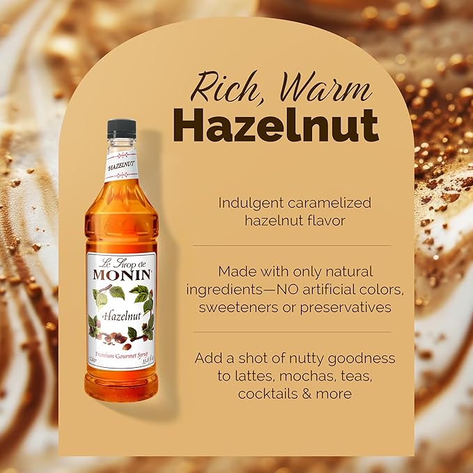 Monin - Hazelnut Syrup, Nutty Taste of Caramelized Hazelnut, Natural Flavors, Great for Mochas, Lattes, Smoothies, Shakes, and Cocktails, Non-GMO, Gluten-Free (1 Liter, 4-Pack)