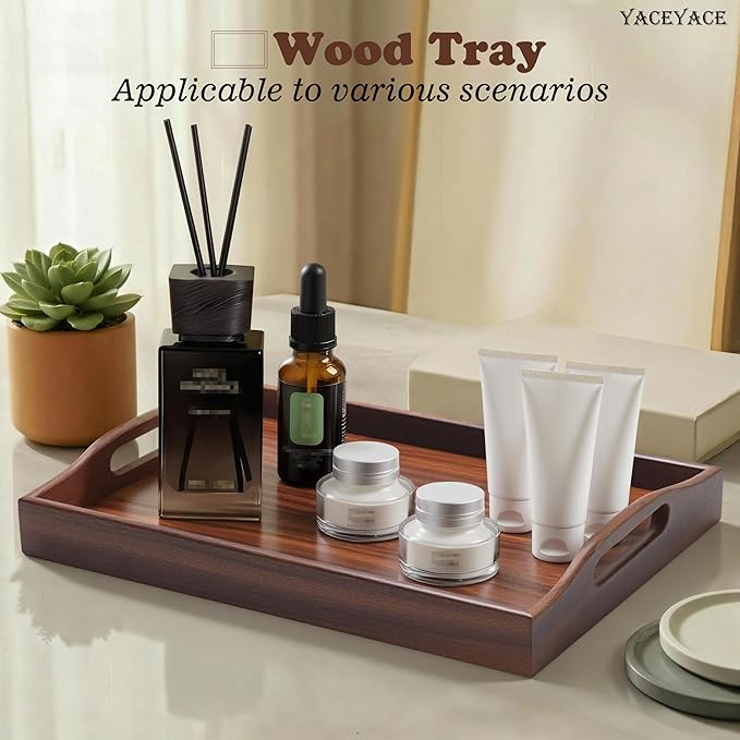 Small Serving Tray with Handles, 12"x8"x2" Wooden Tray for Kitchen Counter, Small Wood Tray for for Home Decor, Bathroom, Dining, Party