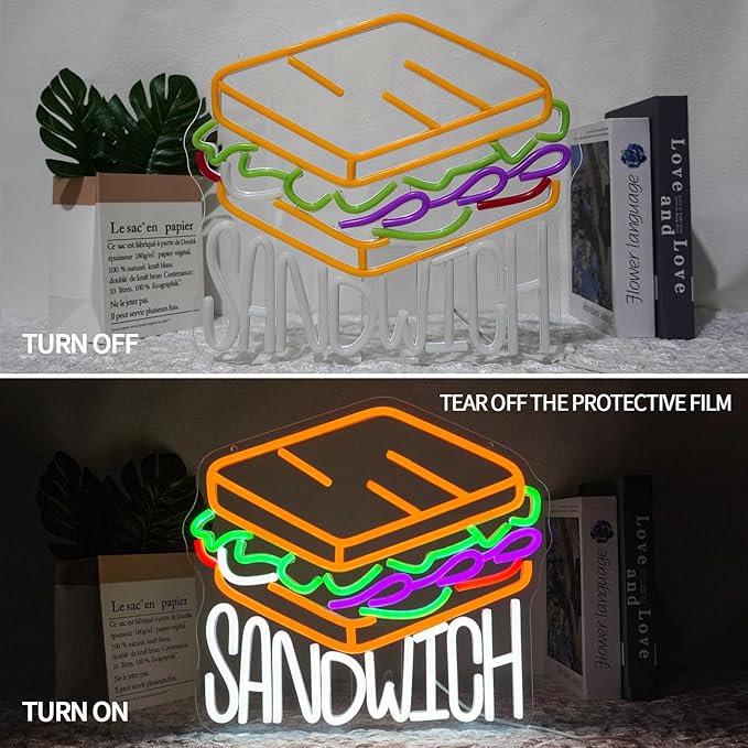 Sandwich Neon Sign Dimmable Food Neon Light Sign for Wall Decor Letters Snacks Led Signs for Home Kitchen Restaurant Store Fast Food Man Cave Bar Party Business Decor Gift 13.8" x 12.6"