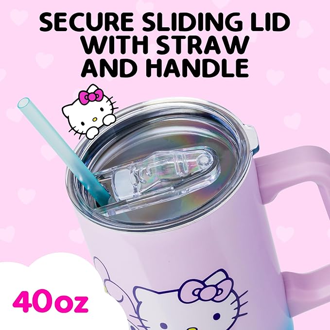 Silver Buffalo Sanrio Hello Kitty and Friends Featuring My Melody, Kuromi, Pompompurin Rainbow Ombre Double Walled Stainless Steel Tumbler with Handle and Straw, Fits in Standard Cup Holder, 40 Ounces