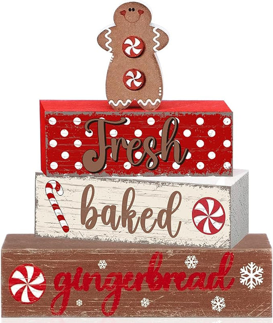 Geelin 4 Pcs Wooden Christmas Tabletop Decor Gingerbread Man Tiered Tray Decor Christmas Centerpiece Rustic Decorative Block Signs Gift Farmhouse Table Decoration for Home Kitchen