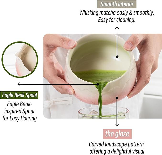 TEANAGOO Pink Matcha Bowl with Spout,18.9oz/560ml Matcha Bowl with Stand, 2-Pcs Whisk Holder(chawan) and Fuji Design Ceramic Bowl, Gift for Matcha Lovers