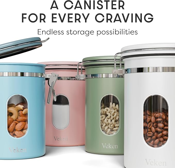 Veken Coffee Canister with Window, Easter Gifts Airtight Stainless Steel Container with Lids, Home Kitchen Food Storage Jars for Grounds, Beans, Tea, Flour, Cereal, Sugar, Basket, Scoop, 22OZ, Blue