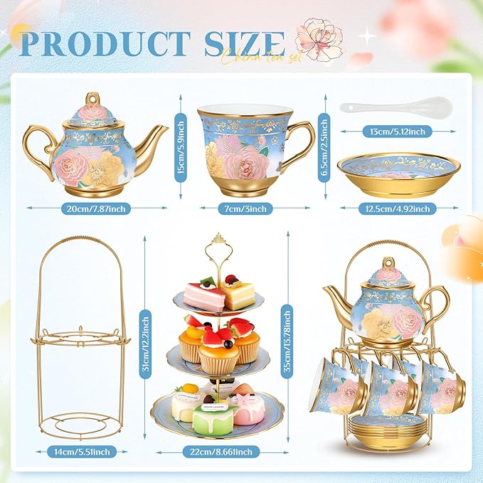 21 Pcs Ceramic Teapot Set Vintage Porcelain Tea Cups with Metal Holder and High Tier Cupcake Stand Saucers for Women Girls Farmhouse European Weddings Party Decor Gifts(Blue,Vivid)