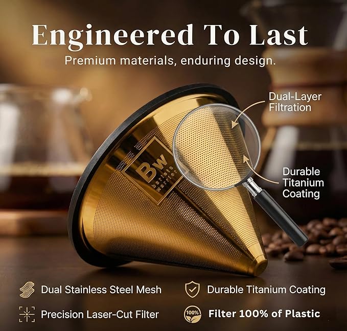 Barista Warrior Reusable Coffee Filter - Stainless Steel Pour Over Dripper, Compatible for Chemex, Hario V60 & Drippers, Easy to Clean Flavorful Brew Fine Mesh Coffee Filter - Gold Titanium Coated