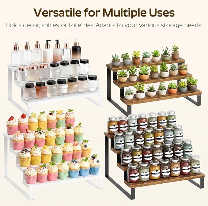 YATINEY Spice Rack, 3 Tier Wooden Display Riser Stand, Kitchen Storage Organizer for Spices, Versatile Display Shelf, Space Saving, for Kitchen Countertop and Cabinet, Rustic Brown SR03L2BR - Image 5