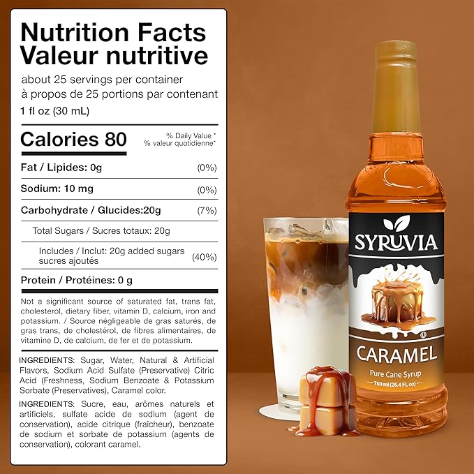 Syruvia Coffee Syrup, Caramel Flavored Syrup for Drinks, Lattes, and Desserts – 25.4 fl oz