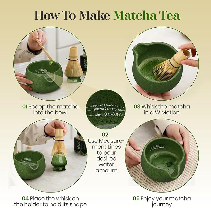 NEXTLUXE Matcha Whisk Set – Matcha Bowl and Whisk Traditional Bamboo Chasen with Ceramic Bowl, Matcha Sets, Matcha Whisk and Bowl, Matcha Sarter Kit - Measurement Lines, Spoon & Lid – Green