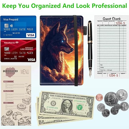 Server Books for Waitress, 5x9 Inch Waitstaff Server Order Pads, 11 Large Pockets, Cute PU Leather Waitress Book Server Wallet with Elastic Band Fit Server Apron,Wolf at Moonlit Night - Image 5