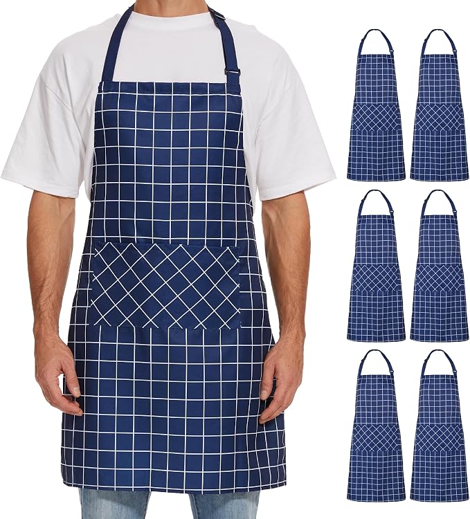 Will Well 2 Pack Bib Apron For Men & Women with 2 Pockets - Navy Checkered | Unisex 33'' x 27'' Oil & Water Resistant Soft Kitchen Chef Apron with Adjustable Neck Strap & 38'' Waist Ties for Snug Fit by WillWell