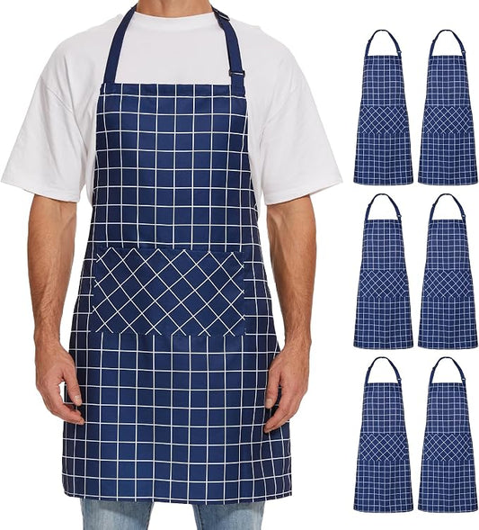 Will Well 2 Pack Bib Apron For Men & Women with 2 Pockets - Navy Checkered | Unisex 33'' x 27'' Oil & Water Resistant Soft Kitchen Chef Apron with Adjustable Neck Strap & 38'' Waist Ties for Snug Fit by WillWell