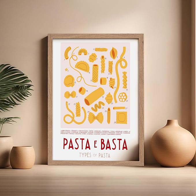 Poster Master Vintage Illustration Poster - Retro Food Print - Types of Pasta, Yellow, Spaghetti, Rotini, Penne - Gift for Artist, Chef - Wall Decor for Kitchen, Restaurant, 16x20 Beige Framed