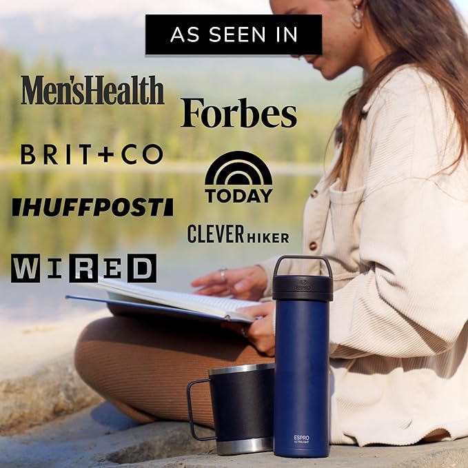 ESPRO P0 Ultralight French Press Coffee Maker for Travel, Vacuum Insulated Stainless Steel, 16 Ounces, Aegean Blue